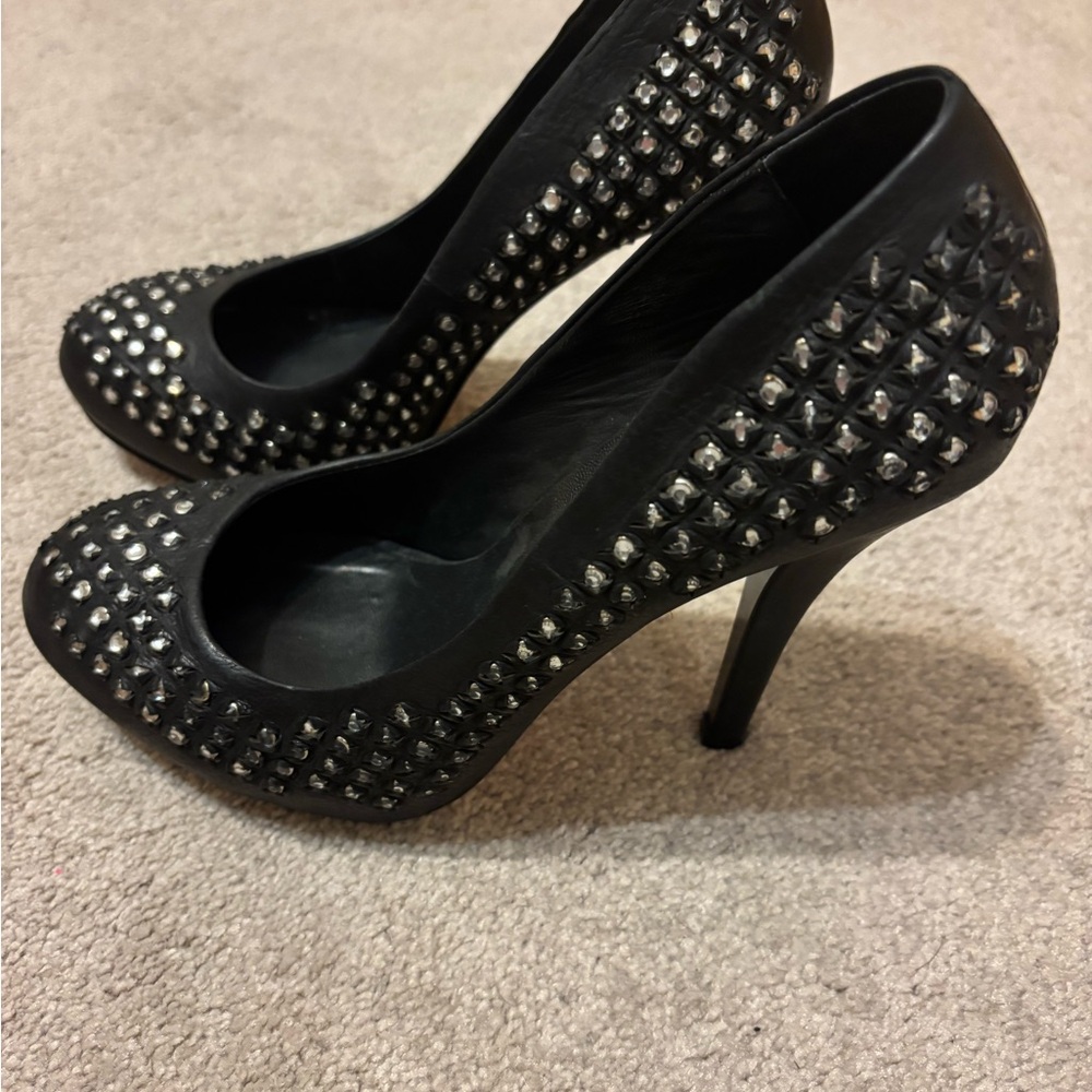 Black leather crystal stud heels